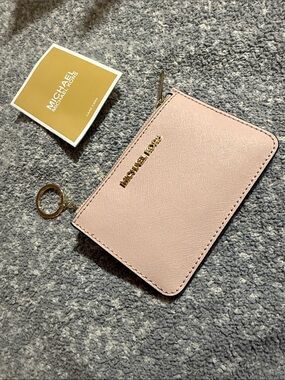 MICHAEL KORS Pink Saffiano Zip Card Case with Gold Logo